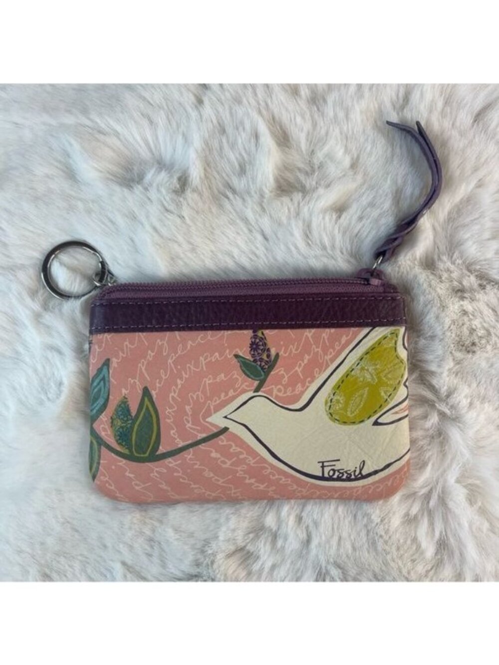Vntage Y2K Fossil Keychain Leather Pink Bird Zipper Pocket Card Holder